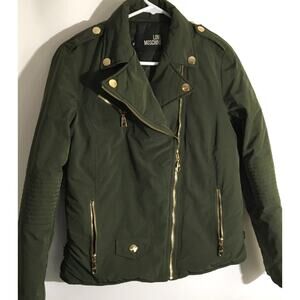 Love Moschino Women's Size 6 Olive Green Nylon Moto Biker Style Zipper Jacket